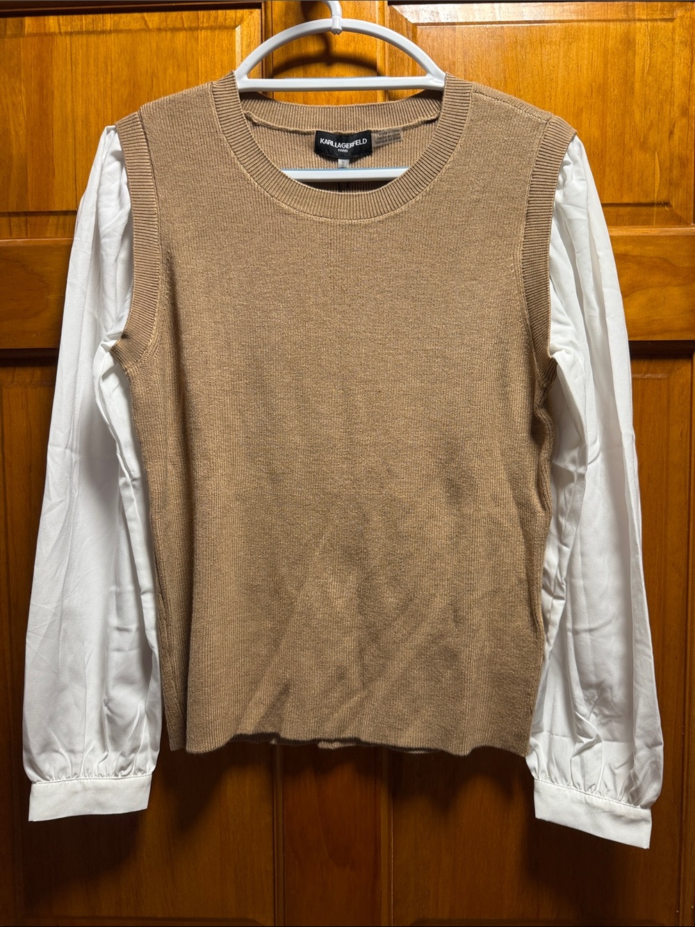 Karl Lagerfeld Brown Knit Vest with White Blouse Sleeves